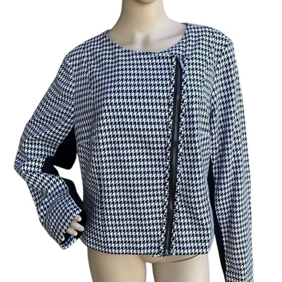 Lane Bryant Women’s Jacket Size 16 Houndstooth Black White Zip Front Stretch - Picture 2 of 8